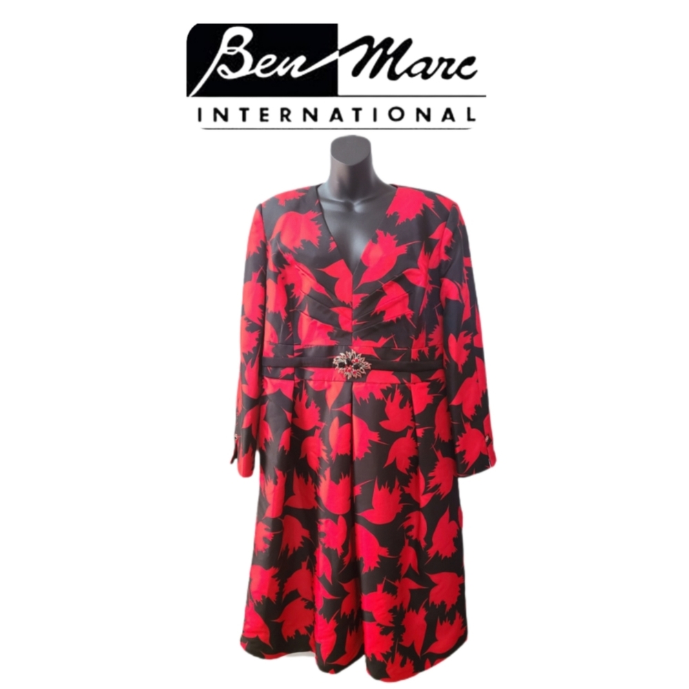 BEN MARC INTERNATIONAL RED AND BLACK ABSTRACT PRINT DESIGNER DRESS SIZE 14 BNWT - Picture 2 of 7